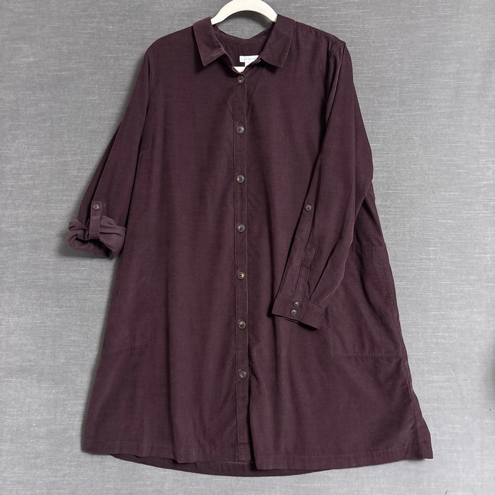 J Jill Shift Dress L Petite Purple Corduroy Swing Roll Tab Tunic Button Casual